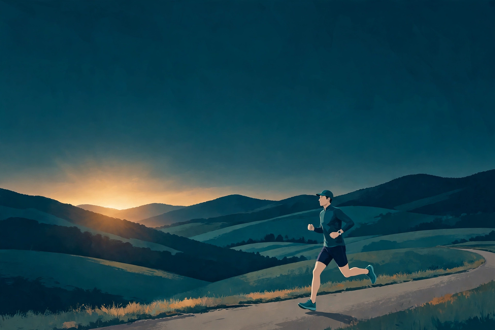 Illustration of a runner on a Virginia country road at sunrise, in the Blue Ridge foothills